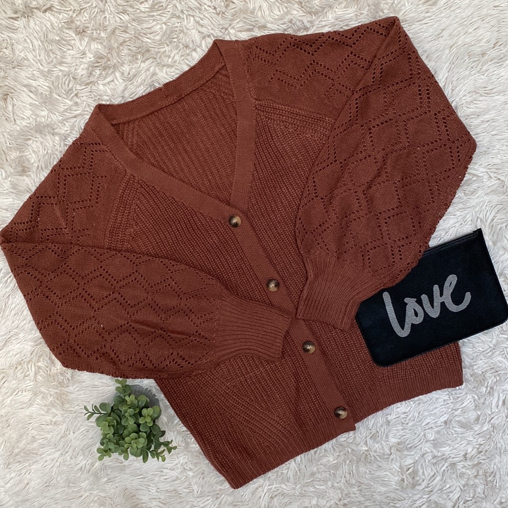 Boutique Balloon Sleeve Knit Cardigan 💗 Brown